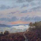 Lake District art original oil painting by Jeff Sudders. The painting features two figures going for a walk at sunset with Lake Windermere and surrounding fells in the distance