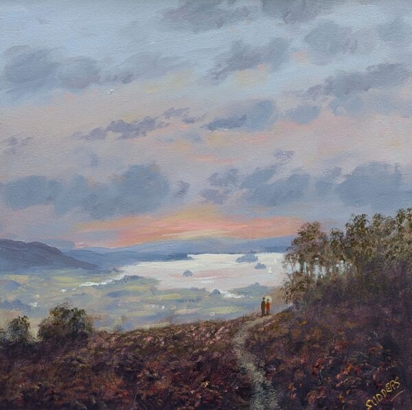 Lake District art original oil painting by Jeff Sudders. The painting features two figures going for a walk at sunset with Lake Windermere and surrounding fells in the distance