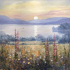 Lake District art original oil painting by local artist Jeff Sudders. A beautiful sunset scene yellow and pink skies with the sun reflecting across the lake. Blossoming flowers in the fields.