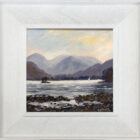 lake district art original oil painting by local artist Jeff Sudders. An early morning captured at Ullswater a sailboat floating on the scene with mountain range in the distance. Displayed in a white frame.
