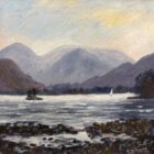 lake district art original oil painting by local artist Jeff Sudders. An early morning captured at Ullswater a sailboat floating on the scene with mountain range in the distance.