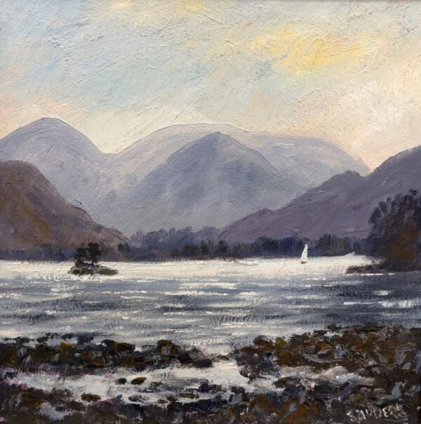 lake district art original oil painting by local artist Jeff Sudders. An early morning captured at Ullswater a sailboat floating on the scene with mountain range in the distance.