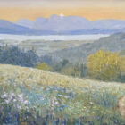 Lake District art original oil painting Evening Meadows near Windermere by Jeff Sudders looking towards the Langdale Pikes and mountains with a glimpse of the lake across fields and trees in soft pastel colours.