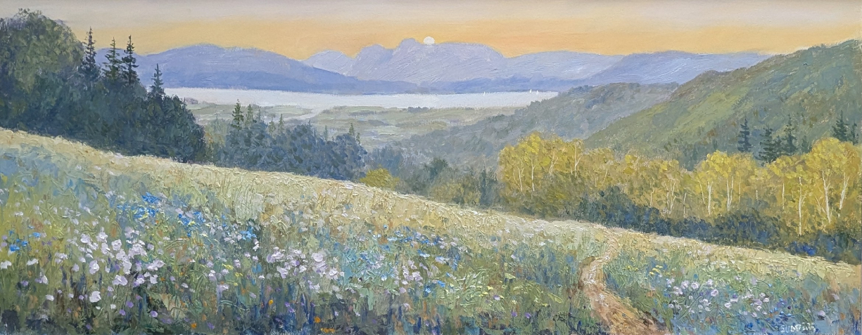 Evening Meadows near Windermere by Jeff Sudders Lake District art original oil painting Evening Meadows near Windermere by Jeff Sudders looking towards the Langdale Pikes and mountains with a glimpse of the lake across fields and trees in soft pastel colours.