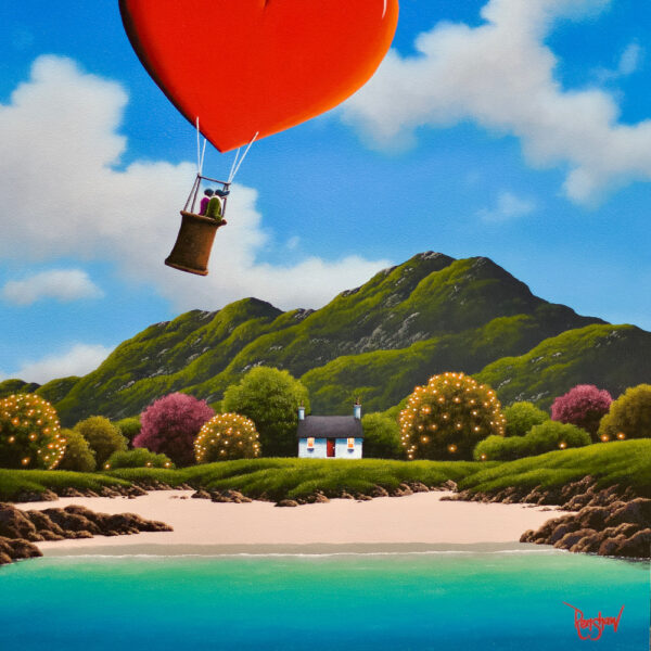 lake district art romantic original oil painting by david renshaw. featuring Ted and Doris in a red heart hot air ballon flying together over secret beach and house