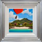 lake district art romantic original oil painting by david renshaw. featuring Ted and Doris in a red heart hot air ballon flying together over secret beach and house