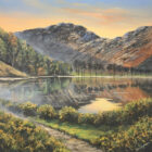 Lake District art original oil painting Haystacks by Ben Goymour. Sunlit reflections of fell range in buttermere water