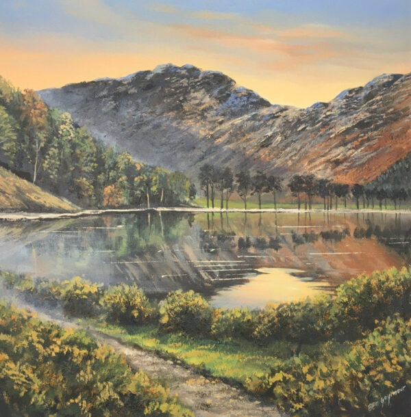 Lake District art original oil painting Haystacks by Ben Goymour. Sunlit reflections of fell range in buttermere water