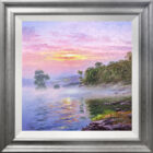Lakeland Mistique Derwentwater Original lake district oil painting by Andrew Grant Kurtis. Beautiful pink skies reflected across Derwentwater lake sun dancing on the waves. Displayed in a silver frame.