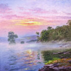 Lakeland Mistique Derwentwater Original lake district oil painting by Andrew Grant Kurtis. Beautiful pink skies reflected across Derwentwater lake sun dancing on the waves.