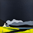 Lake District art original acrylic painting Langdale Pikes from Elterwater in Jay's dramatic mountain silhouette style with dark blue sky and white cottage in the foreground.