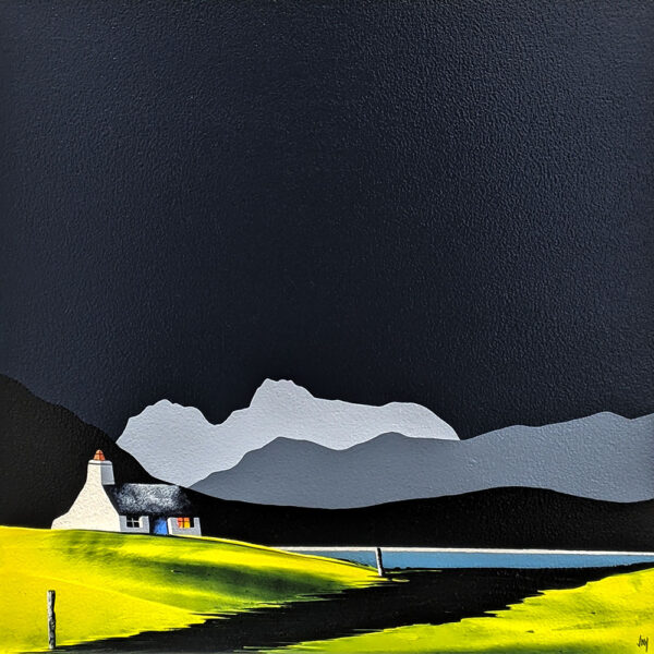 Lake District art original acrylic painting Langdale Pikes from Elterwater in Jay's dramatic mountain silhouette style with dark blue sky and white cottage in the foreground.