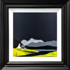 Lake District art original acrylic painting Langdale Pikes from Elterwater by Jay Nottingham in a black frame with white slip.