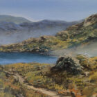 Lake District art original oil painting by Ben Goymour. hazy walkers view of tarn in the langdales