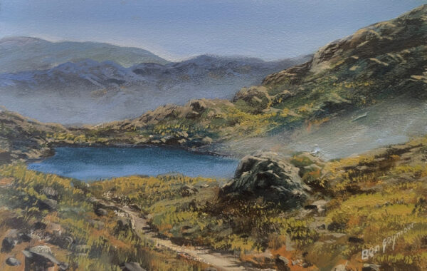 Lake District art original oil painting by Ben Goymour. hazy walkers view of tarn in the langdales