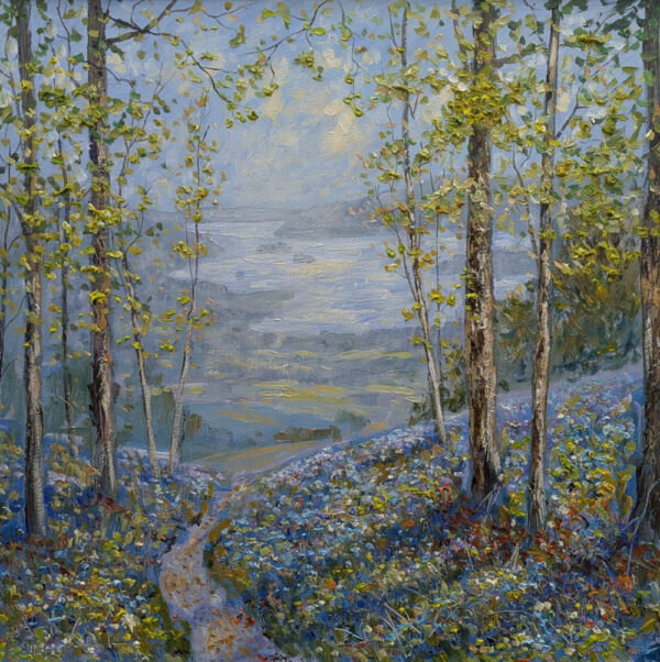 lake district art original oil painting by local artist Jeff Sudders. looking from stockghyll towards windermere. with lake view from springtime bluebell lined woodland near amblesid