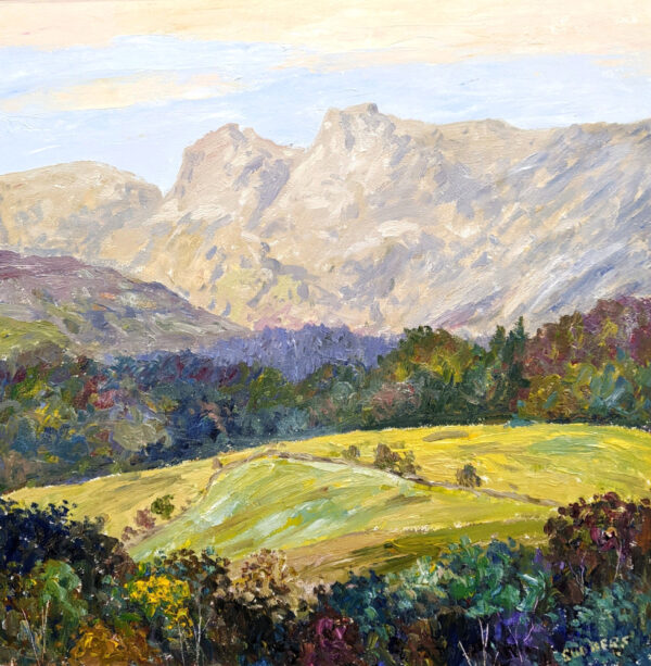 Lake District art original oil painting by local artist Jeff Sudders. A vibrant piece yellow fields and colourful woodland looking towards the Langdale Pikes