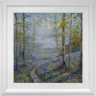 lake district art original oil painting by local artist Jeff Sudders. looking from stockghyll towards windermere. with lake view from springtime bluebell lined woodland near ambleside
