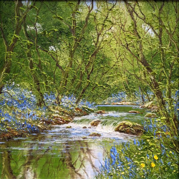 lake district art original oil painting textured oil landscape by terry evans beautiful flowing stream in a thriving woodland. Spring flowers surround the edges of the water.