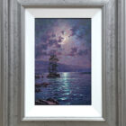 Moonlight Reflections Derwentwater lake district an original oil painting by Andrew Grant Kurtis. A stunning purple moonlit scene with the full moon reflected on the lake. Displayed in a silver frame.