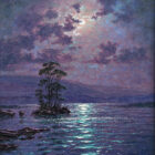 Moonlight Reflections Derwentwater lake district an original oil painting by Andrew Grant Kurtis. A stunning purple moonlit scene with the full moon reflected on the lake.