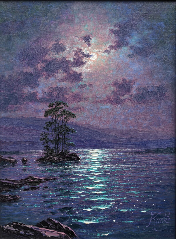 Moonlight Reflections Derwentwater lake district an original oil painting by Andrew Grant Kurtis. A stunning purple moonlit scene with the full moon reflected on the lake.