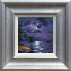 Moonlight sparkle derwentwater Lake District an original oil painting by Andrew Grant Kurtis. A stunning purple moonlit scene with dark trees. Moon reflecting on the water. Displayed in a silver frame.