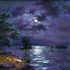 Moonlight sparkle derwentwater Lake District an original oil painting by Andrew Grant Kurtis. A stunning purple moonlit scene with dark trees. Moon reflecting on the water.