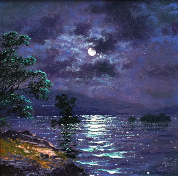 Moonlight sparkle derwentwater Lake District an original oil painting by Andrew Grant Kurtis. A stunning purple moonlit scene with dark trees. Moon reflecting on the water.
