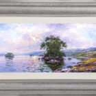 Morning Sparkle Derwentwater lake district an original oil painting by Andrew Grant Kurtis. A stunning bright landscape overlooking Derwentwater. Sun peeking through the clouds and reflecting across the lake. Displayed in a silver frame.