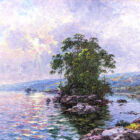 Morning Sparkle Derwentwater lake district an original oil painting by Andrew Grant Kurtis. A stunning bright landscape overlooking Derwentwater. Sun peeking through the clouds.