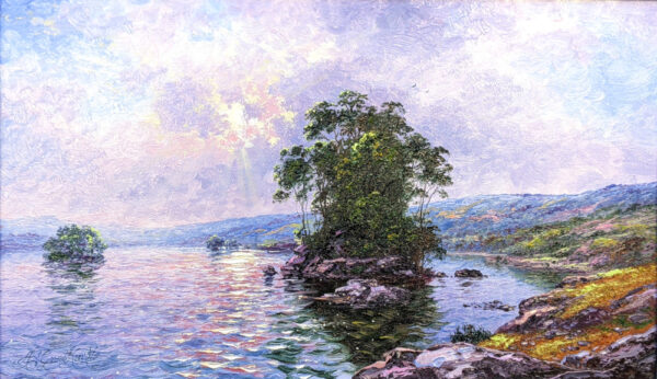 Morning Sparkle Derwentwater lake district an original oil painting by Andrew Grant Kurtis. A stunning bright landscape overlooking Derwentwater. Sun peeking through the clouds.