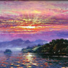 Morning Sparkle Derwentwater lake district an original oil painting by Andrew Grant Kurtis. A stunning sunset landscape overlooking Derwentwater. Pink skies and sun reflecting on the lake.