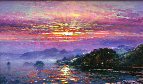 Morning Sparkle Derwentwater lake district an original oil painting by Andrew Grant Kurtis. A stunning sunset landscape overlooking Derwentwater. Pink skies and sun reflecting on the lake.