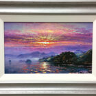 Morning Sparkle Derwentwater lake district an original oil painting by Andrew Grant Kurtis. A stunning sunset landscape overlooking Derwentwater. Pink skies and sun reflecting on the lake. Displayed in a silver frame.