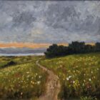 Oil painting by Lake District artist Jeff Sudders of the view over meadows to Windermere and the fells