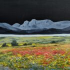 Lake District art original oil painting by Jeff Sudders Night Sky by Windermere features a beautiful colourful floral meadows with Lake Windermere and the Langdale Fells in the distance