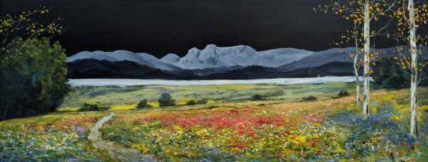 Lake District art original oil painting by Jeff Sudders Night Sky by Windermere features a beautiful colourful floral meadows with Lake Windermere and the Langdale Fells in the distance