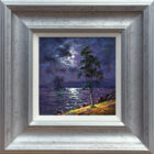 Nocturne Silhouette Ullswater Lake District an original oil painting by Andrew Grant Kurtis. A stunning purple moonlit scene with dark trees. Moon reflecting on the water. Displayed in a silver frame.
