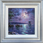 Nocturne Sparkle Derwentwater Lake District an original oil painting by Andrew Grant Kurtis. A stunning purple moonlit scene with reflections on the water. Displayed in a silver frame