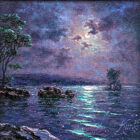 Nocturne Sparkle Derwentwater Lake District an original oil painting by Andrew Grant Kurtis. A stunning purple moonlit scene with reflections on the water
