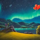 Oil painting by northwest artist David Renshaw of the Northern Lights above the lake and mountains with Ted and Doris