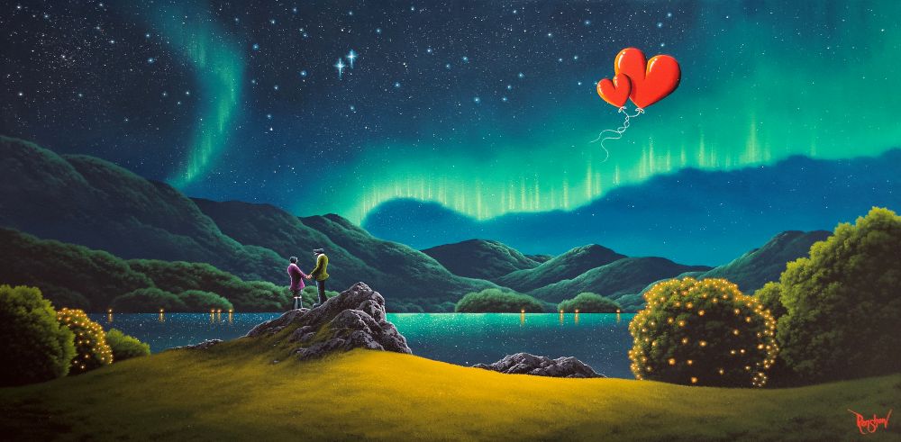 Northern Bliss by David Renshaw original Oil painting by northwest artist David Renshaw of the Northern Lights above the lake and mountains with Ted and Doris