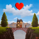 Lake District art original oil painting only you by David Renshaw. featuring ted and doris by unique house on bridge with mountains trees and red heart above
