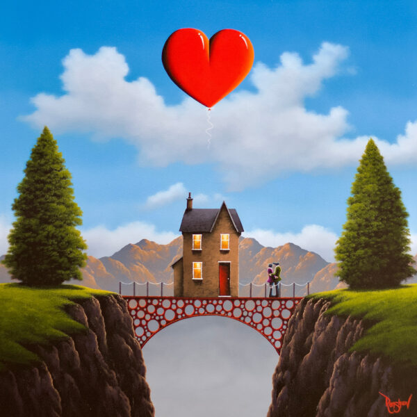 Lake District art original oil painting only you by David Renshaw. featuring ted and doris by unique house on bridge with mountains trees and red heart above