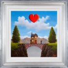 Lake District art original oil painting only you by David Renshaw. featuring ted and doris by unique house on bridge with mountains trees and red heart above