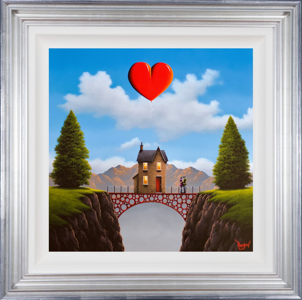 Lake District art original oil painting only you by David Renshaw. featuring ted and doris by unique house on bridge with mountains trees and red heart above