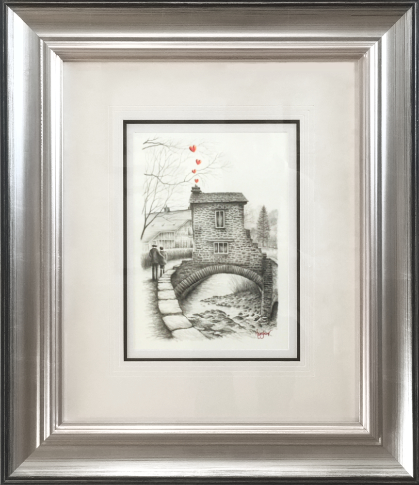 lake district art romantic original pencil drawing by david renshaw. featuring Ted and Doris with Ambleside house and hearts