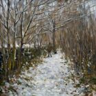 lake district art original oil painting by local artist Jeff Sudders. The painting features a figure walking with their dog down a snowy lane in Ambleside