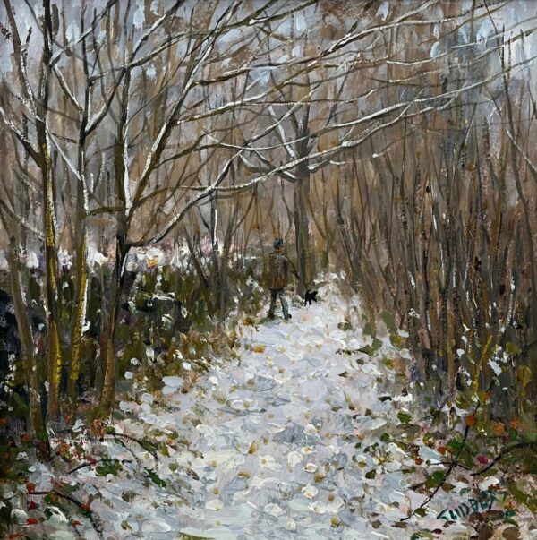 lake district art original oil painting by local artist Jeff Sudders. The painting features a figure walking with their dog down a snowy lane in Ambleside